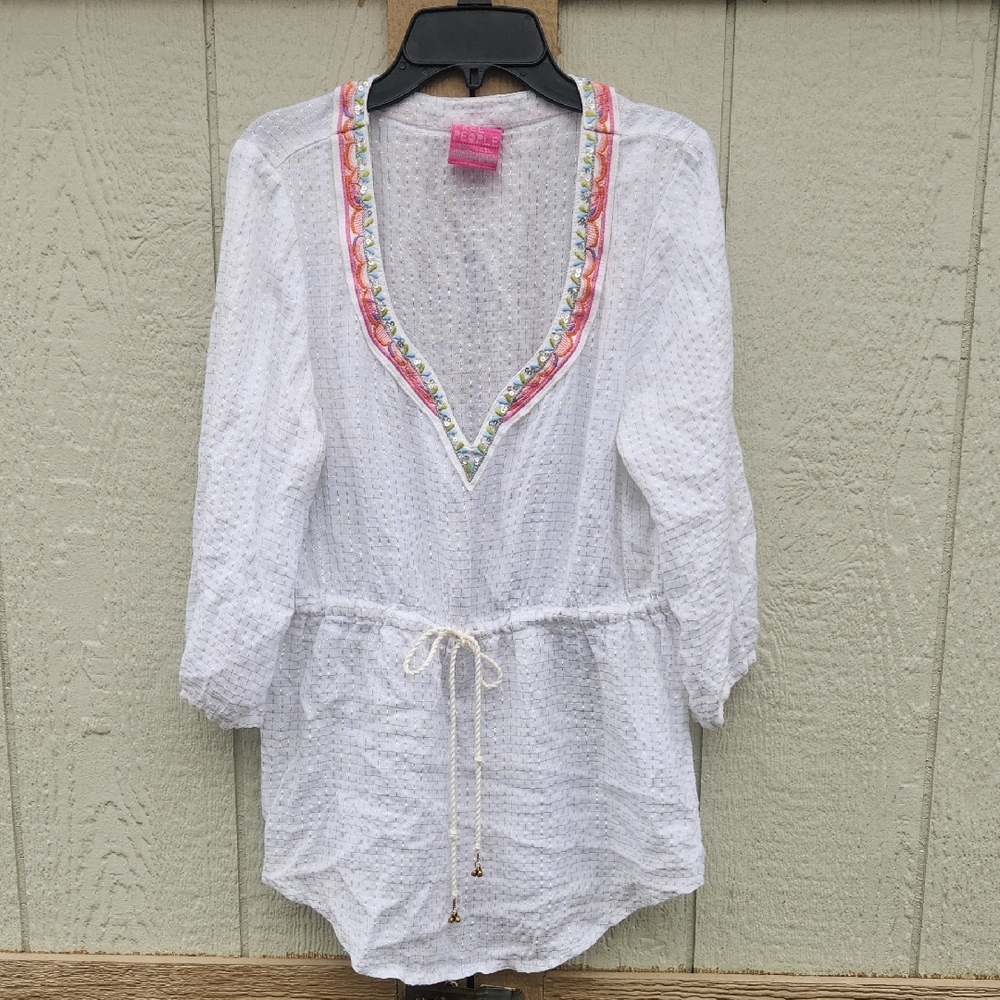 Free People White Embroidered V-Neck Tunic with Drawstring Waist